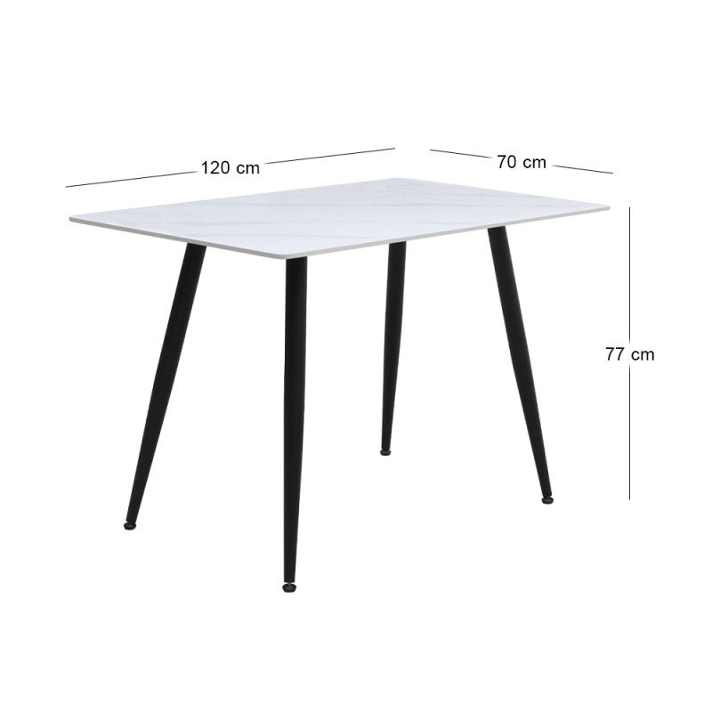 Enzo Megapap sintered stone - metal table in white marble effect and black metal legs 120x70x77cm.