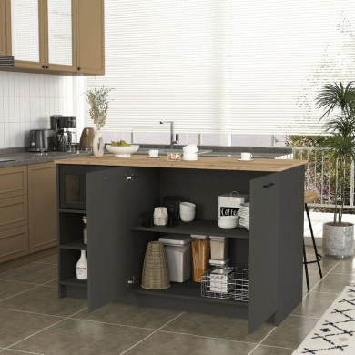 Peres Megapap melamine island kitchen cabinet in anthracite - sepet oak color 150x70x91.8cm.