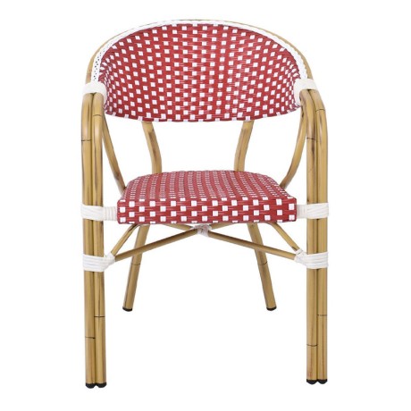 VEGERA Πολυθρόνα Dining Αλουμίνιο Φυσικό, Wicker Άσπρο - Κόκκινο, Στοιβαζόμενη