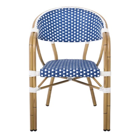 VEGERA Πολυθρόνα Dining Αλουμίνιο Φυσικό, Wicker Άσπρο - Μπλε, Στοιβαζόμενη
