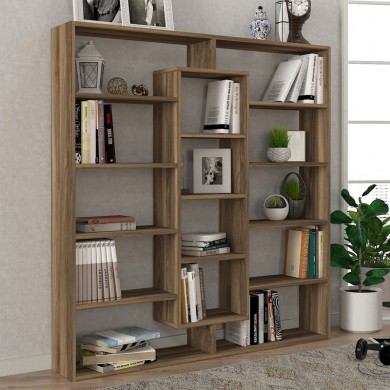 Ample Megapap melamine bookcase in walnut color 125x22x135,7cm.