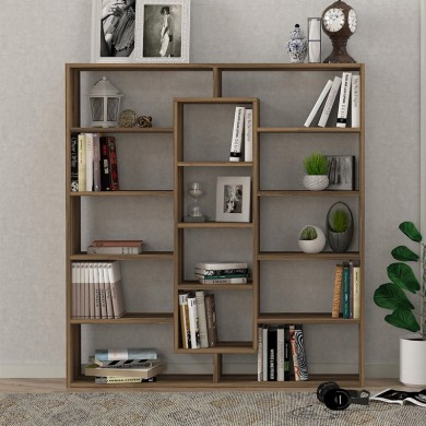 Ample Megapap melamine bookcase in walnut color 125x22x135,7cm.