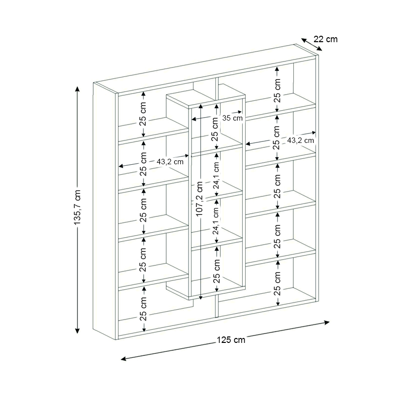 Ample Megapap melamine bookcase in black - white color 125x22x135,7cm.