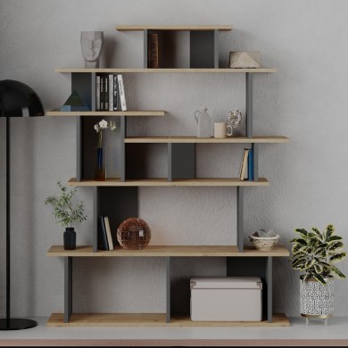 Apollon Megapap melamine bookcase in oak- anthracite color 120x29,2x149cm.