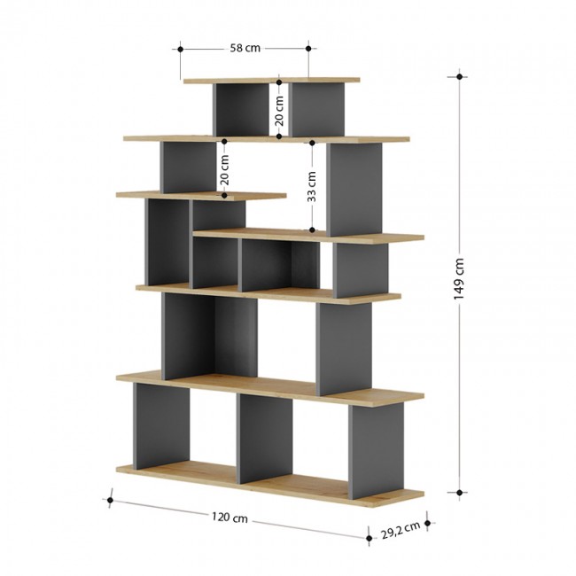 Βιβλιοθήκη Apollon Megapap χρώμα φυσικό οξιάς - ανθρακί 120x29,2x149εκ.