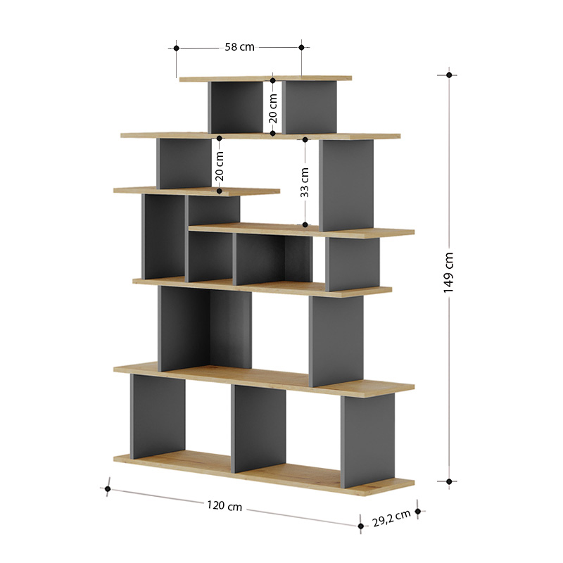 Βιβλιοθήκη Apollon Megapap χρώμα φυσικό οξιάς - ανθρακί 120x29,2x149εκ.
