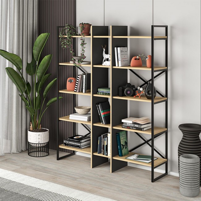 Detroit Megapap melamine bookcase in silky black - sapphire oak color 143,5x35.2x175cm.