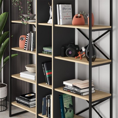 Detroit Megapap melamine bookcase in silky black - sapphire oak color 143,5x35.2x175cm.