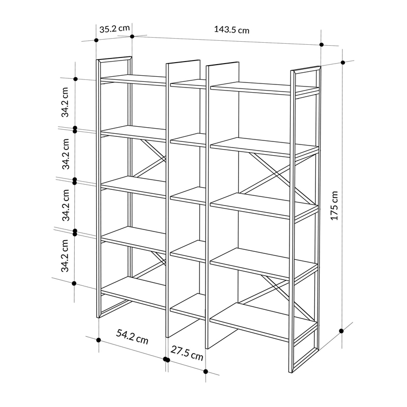 Detroit Megapap melamine bookcase in silky black - sapphire oak color 143,5x35.2x175cm.