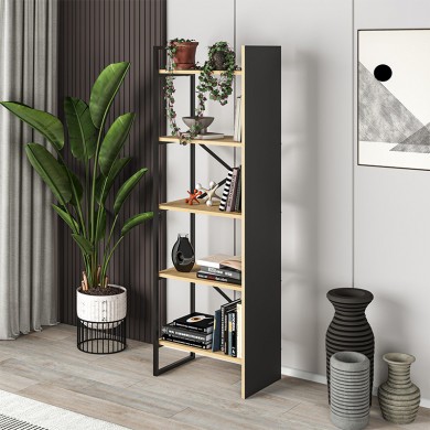 Detroit Megapap melamine bookcase in silky black - sapphire oak color 58x35.2x175cm.
