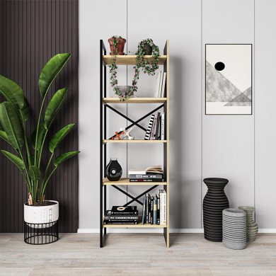 Detroit Megapap melamine bookcase in silky black - sapphire oak color 58x35.2x175cm.