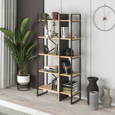 Detroit Megapap melamine bookcase in silky black - sapphire oak color 87.5x35.2x175cm.
