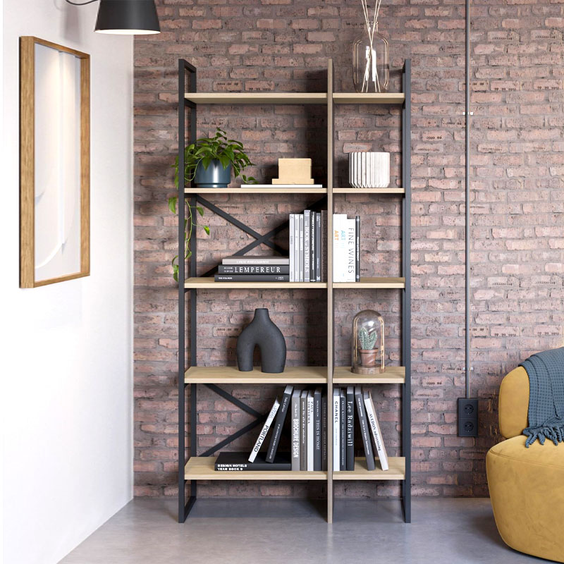 Detroit Megapap melamine bookcase in silky black - sapphire oak color 87.5x35.2x175cm.