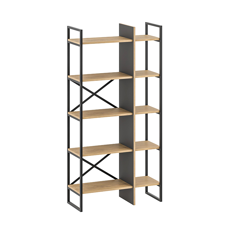 Detroit Megapap melamine bookcase in silky black - sapphire oak color 87.5x35.2x175cm.
