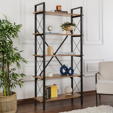 Elysian Megapap melamine - metal bookcase in walnut - black color 90x33.5x180cm.