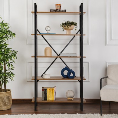 Elysian Megapap melamine - metal bookcase in walnut - black color 90x33.5x180cm.