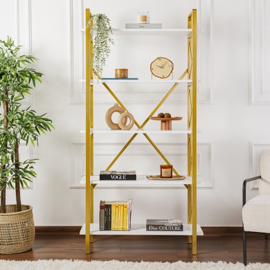 Elysian Megapap melamine - metal bookcase in white - gold color 90x33.5x180cm.