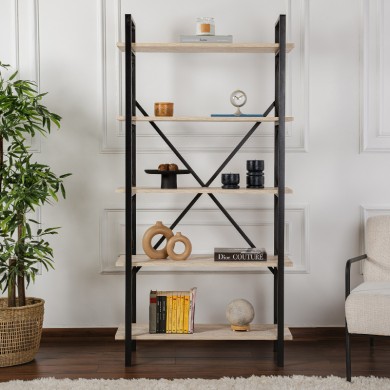 Elysian Megapap melamine - metal bookcase in travertine - black color 90x33.5x180cm.