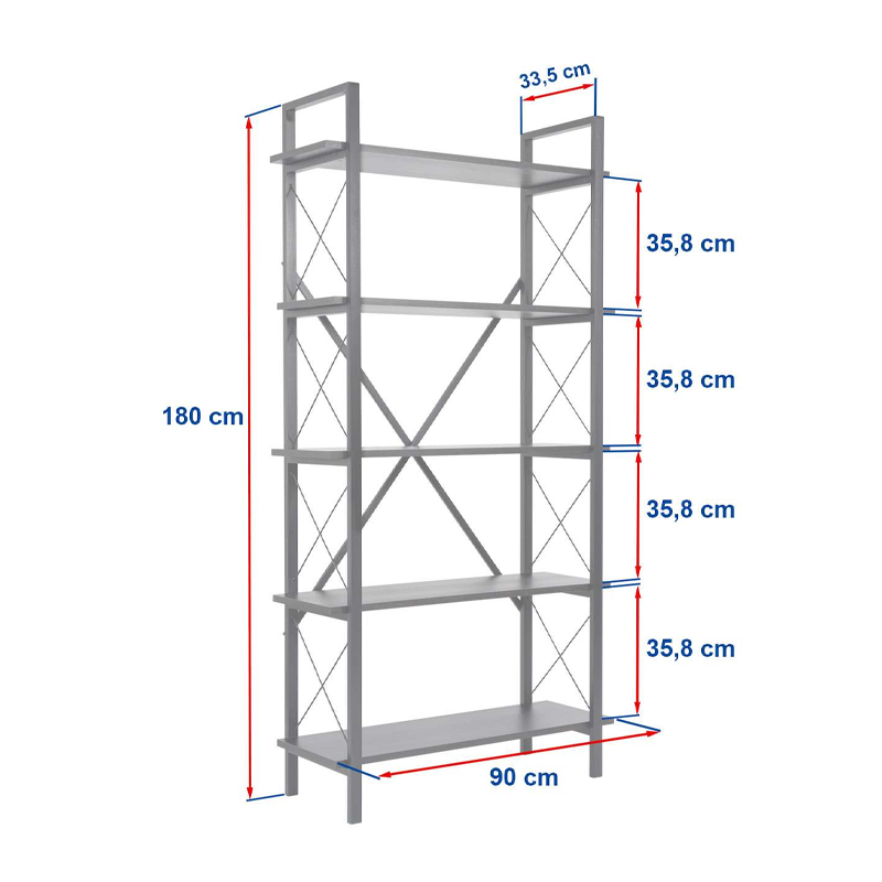 Elysian Megapap melamine - metal bookcase in travertine - black color 90x33.5x180cm.