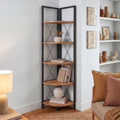Kelsie Megapap metallic - melamine corner bookcase in black - pine oak color 33x33x162cm.