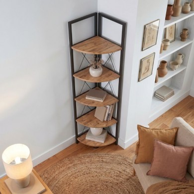 Kelsie Megapap metallic - melamine corner bookcase in black - pine oak color 33x33x162cm.