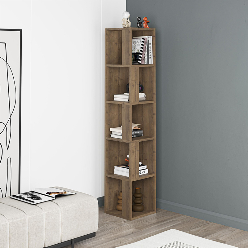 Piano Megapap corner melamine bookcase in light walnut color 31,4x31,4x158,9cm.