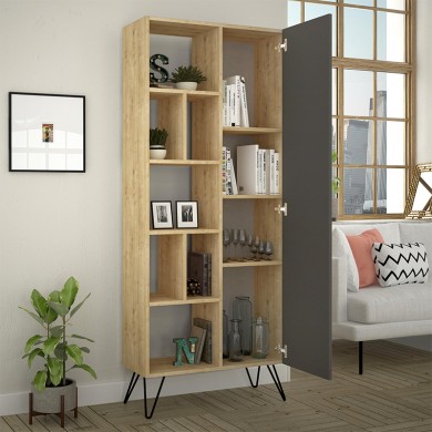 Jedda Megapaπ melamine bookcase in oak - anthracite color 80,6x29,6x191cm.
