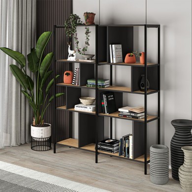 Maxi Megapap melamine bookcase in silky black - sapphire oak color 144x35x175cm.