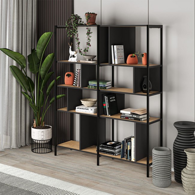 Maxi Megapap melamine bookcase in silky black - sapphire oak color 144x35x175cm.