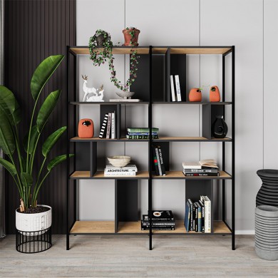 Maxi Megapap melamine bookcase in silky black - sapphire oak color 144x35x175cm.