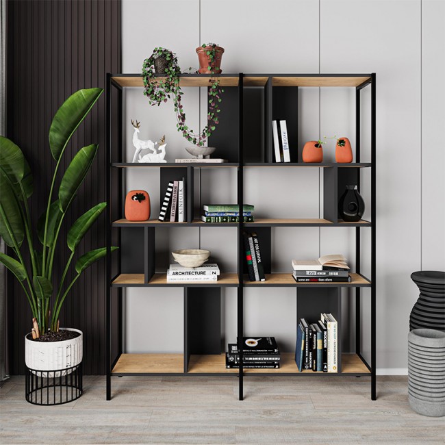 Maxi Megapap melamine bookcase in silky black - sapphire oak color 144x35x175cm.