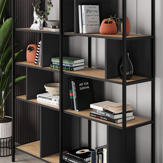 Maxi Megapap melamine bookcase in silky black - sapphire oak color 144x35x175cm.