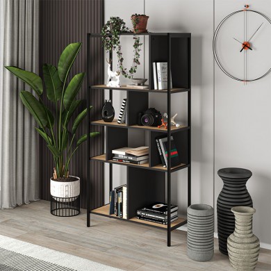 Midi Megapap melamine bookcase in silky black - sapphire oak color 88x35x175cm.