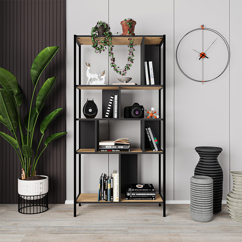 Midi Megapap melamine bookcase in silky black - sapphire oak color 88x35x175cm.