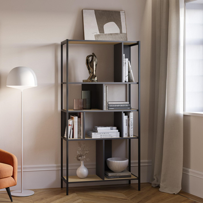 Midi Megapap melamine bookcase in silky black - sapphire oak color 88x35x175cm.