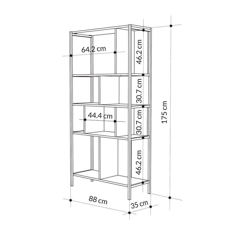 Midi Megapap melamine bookcase in silky black - sapphire oak color 88x35x175cm.