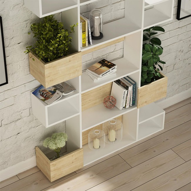 Βιβλιοθήκη Niho Megapap χρώμα λευκό - φυσικό οξιάς 120x25,3x171εκ.