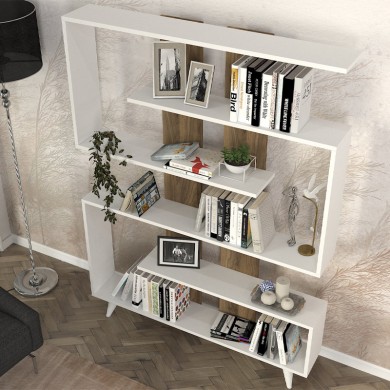 Rain Megapap melamine bookcase in white - walnut color 120x19,5x162cm.