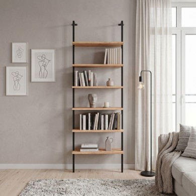 Madison Megapap metal - melamine wall bookcase in black - pine oak color 60x20x183cm.