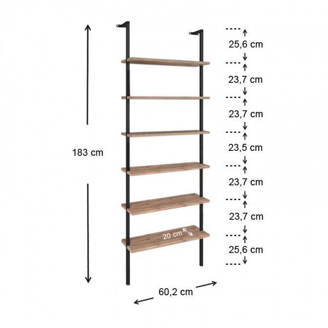 Madison Megapap metal - melamine wall bookcase in black - pine oak color 60x20x183cm.