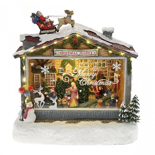 ΧΡΙΣΤΟΥΓΕΝΝΙΑΤΙΚΟ ΜΑΓΑΖΙ CHRISTMAS MARKET ΜΕ ΦΩΣ ΚΙΝΗΣΗ ΚΑΙ ΜΟΥΣΙΚΗ 27Χ15Χ27ΕΚ ΡΕΥΜΑΤΟΣ