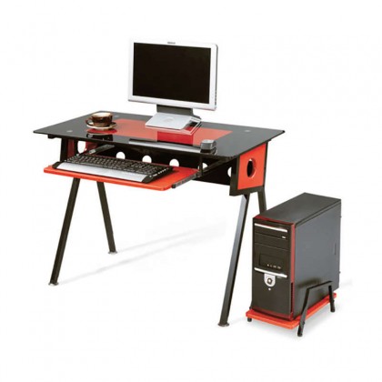 Γραφείο ηλεκτρονικού υπολογιστή από μεταλλικό σκελετό και γυάλινη επιφάνεια σε χρώμα μαύρο / κόκκινο 100x53x75εκ
