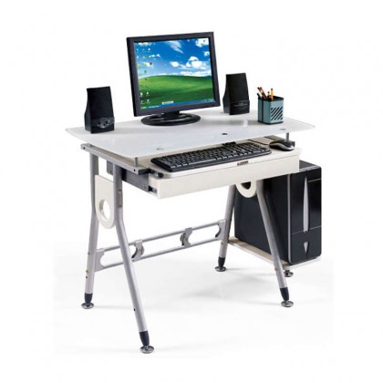 Γραφείο ηλεκτρονικού υπολογιστή με μεταλλικό σκελετό και γυάλινη επιφάνεια σε χρώμα λευκό 80x50x76εκ