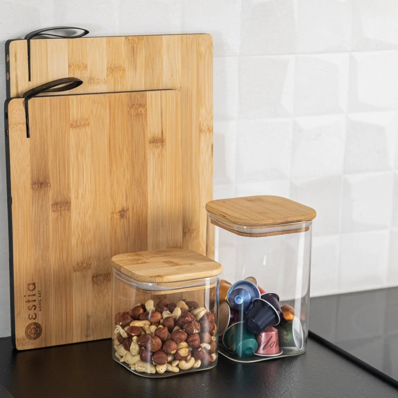 ESTIA ΔΟΧΕΙΟ ΑΠΟΘΗΚΕΥΣΗΣ BAMBOO ESSENTIALS 550ml ΓΥΑΛΙΝΟ ΜΕ ΚΑΠΆΚΙ