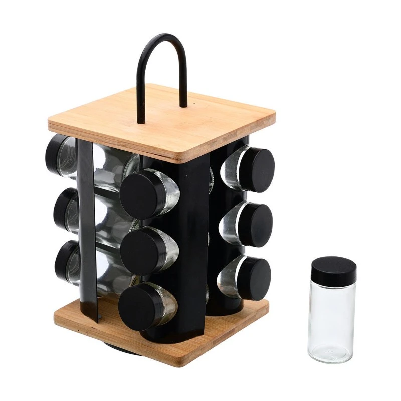 SPICE RACK ORGANIZER IN REVOLVING BASE 12 PIECES BLACK