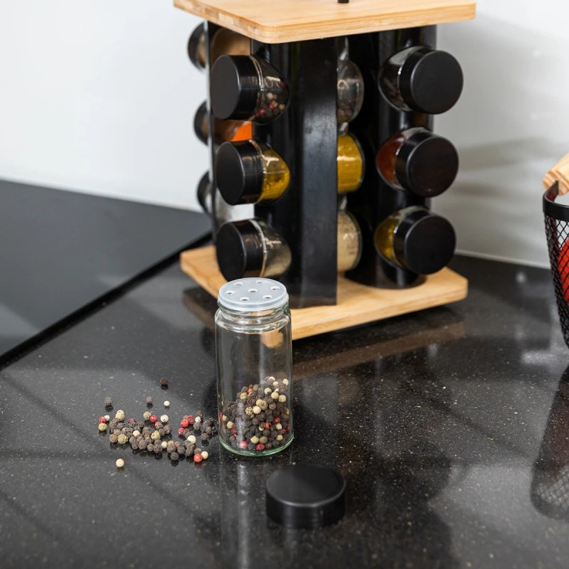 SPICE RACK ORGANIZER IN REVOLVING BASE 12 PIECES BLACK