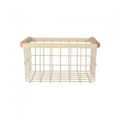 STORAGE BASKET ALLURE METALLIC WITH WOODEN HANDLES 24X18X13 IVORY