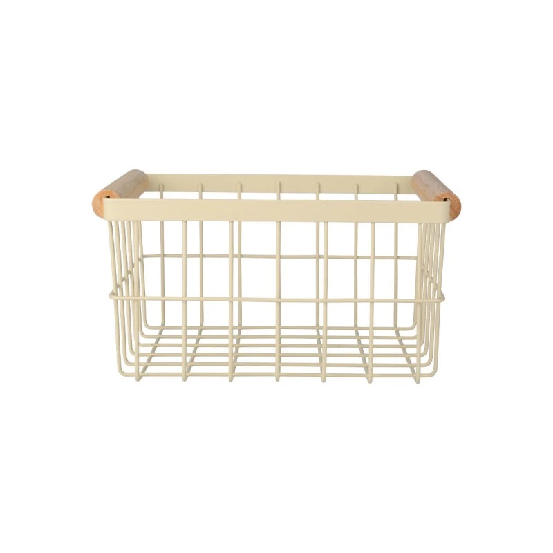 STORAGE BASKET ALLURE METALLIC WITH WOODEN HANDLES 24X18X13 IVORY