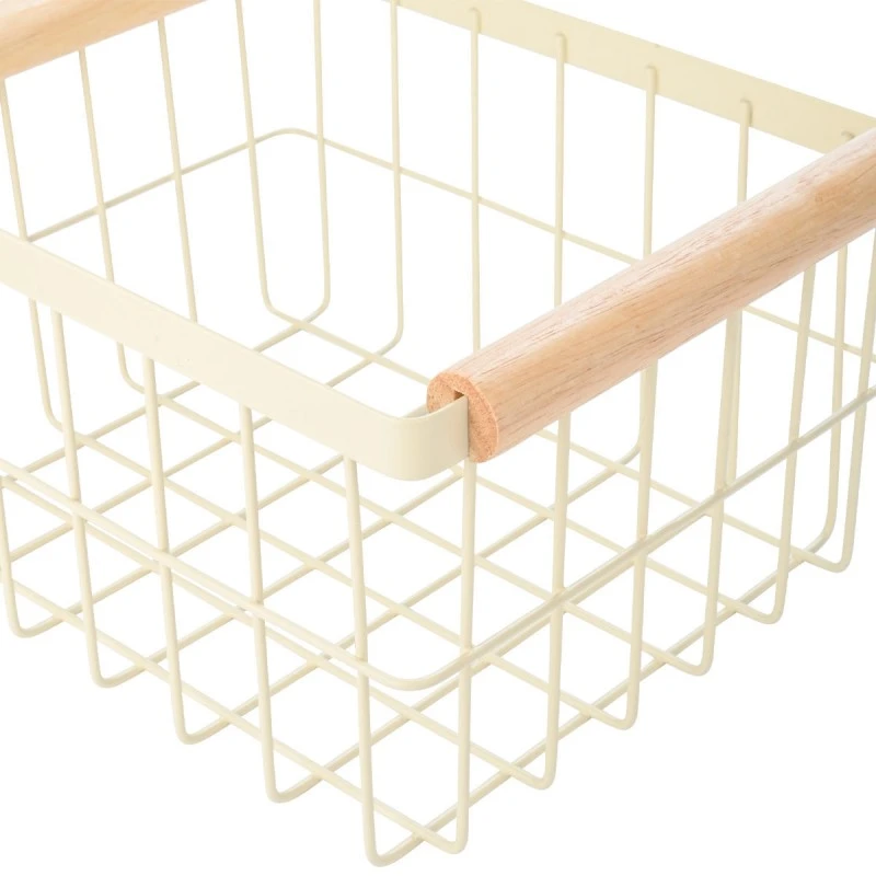 STORAGE BASKET ALLURE METALLIC WITH WOODEN HANDLES 24X18X13 IVORY