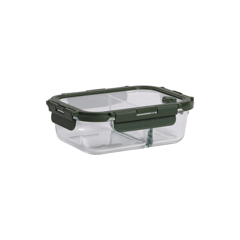 LUNCH BOX GLASS CLICK &amp; SEAL 2 TIERS WITH SILICON AIR-VENT 1030ml OLIVE